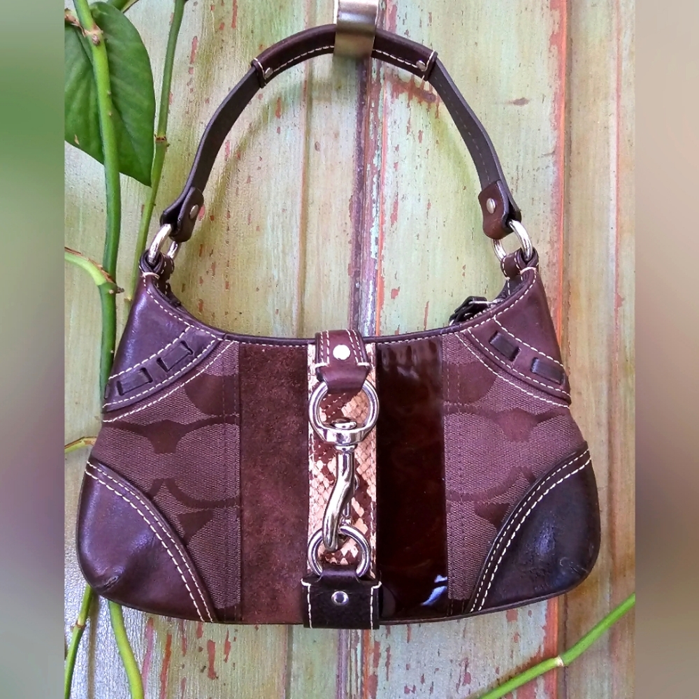 COACH Small Signature Brown Hampton python stripe handbag F06K-10287
